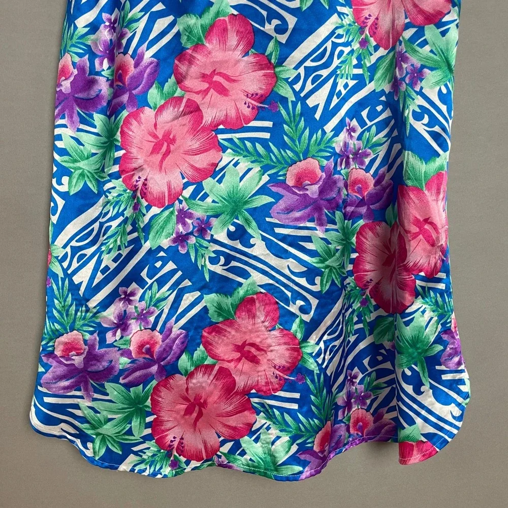 Vintage‎ Floral Blouse Satin Tropical Button-Up Sleeveless Size Small Blue Pink
